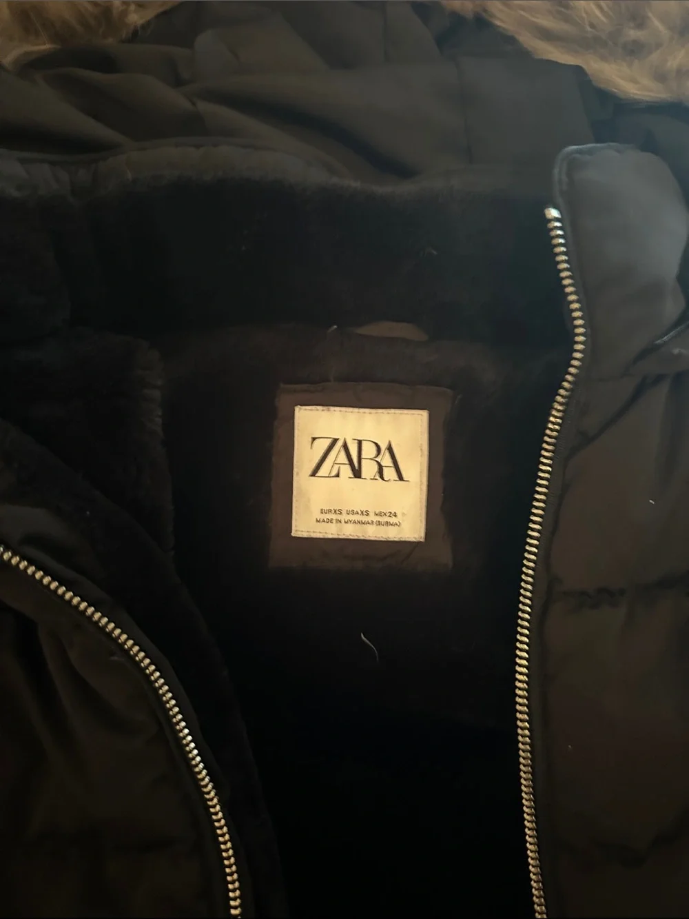 Zara Black Puffer Jacket with Faux Fur Trimmed Hood